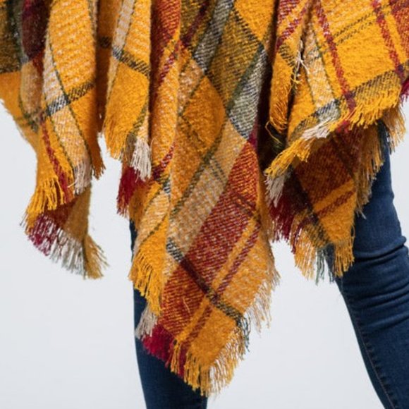 Poncho ﻿Gorgeous Extra Long Plaid w Knit Turtle Neck & Bottom Fringe - Picture 5 of 6